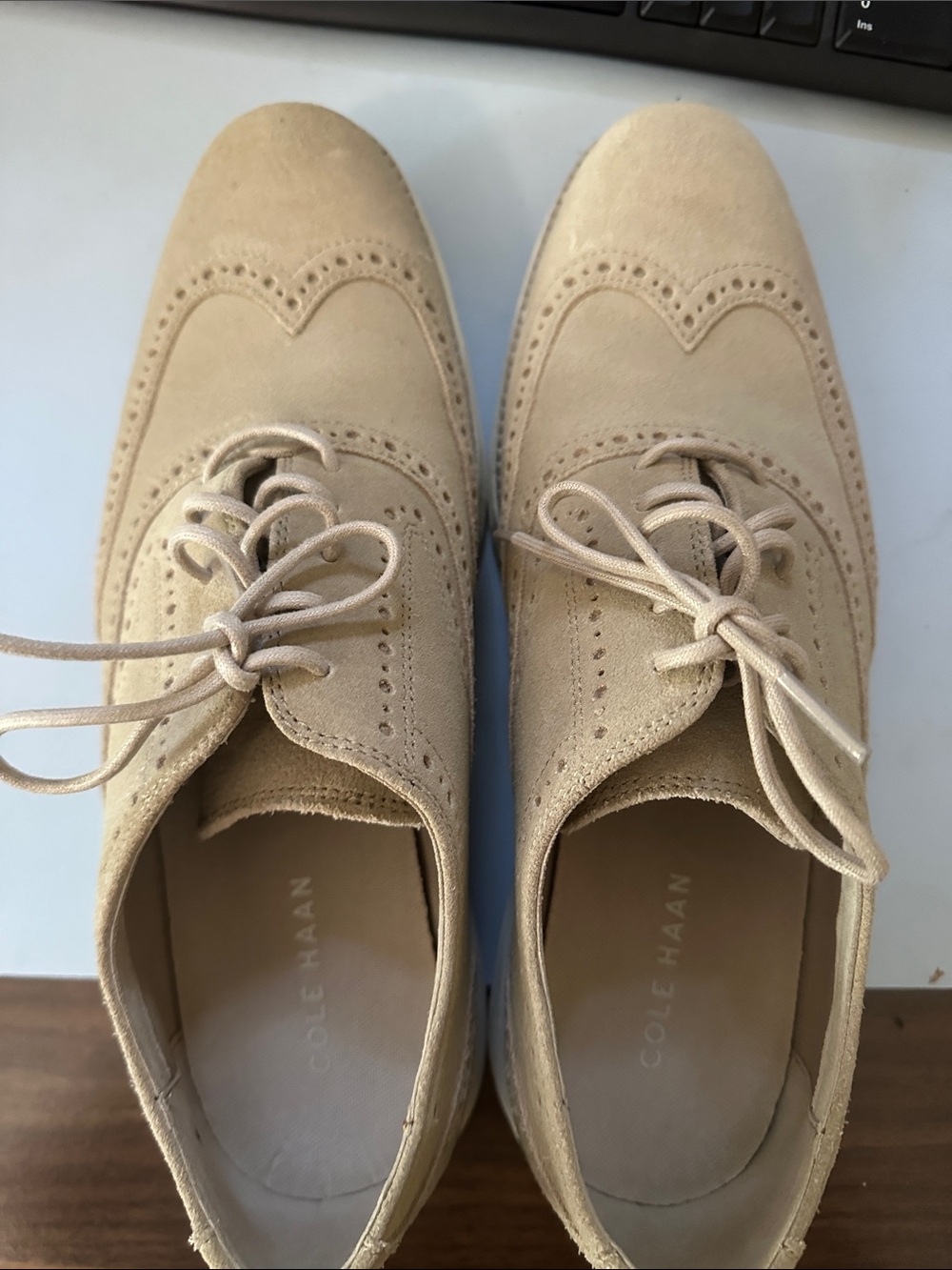 Cole Haan Beige Suede Wingtip Derby Oxfords